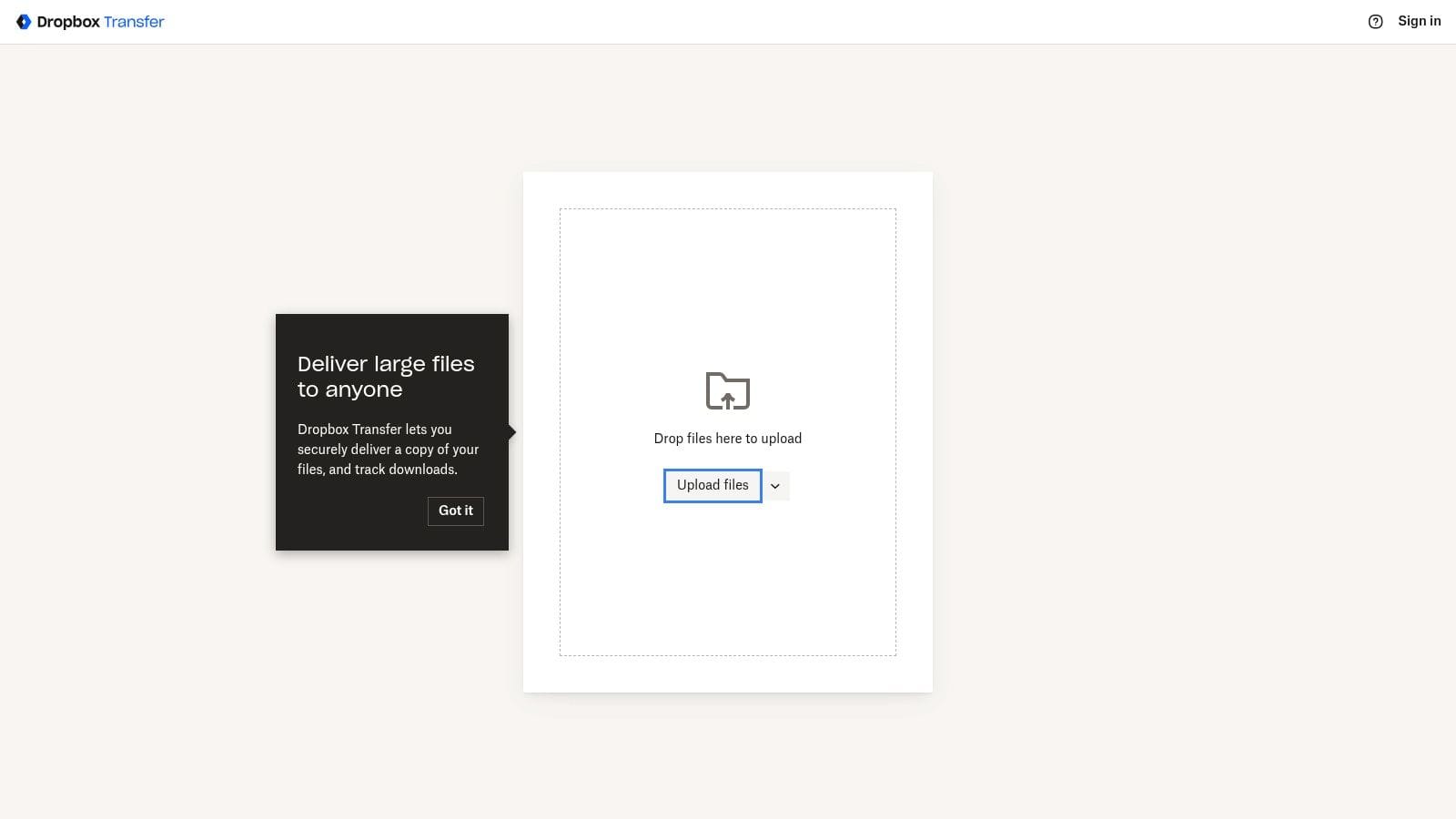 Dropbox Transfer interface from the original article