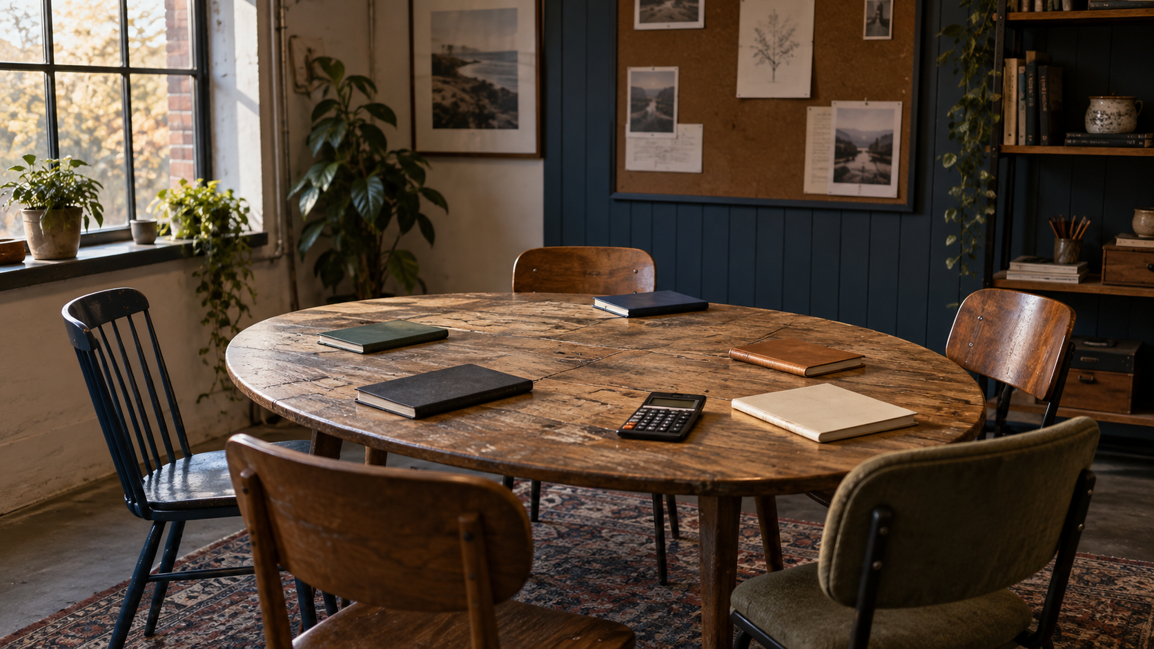Five different chairs around a worn wooden meeting table with notebooks and a calculator