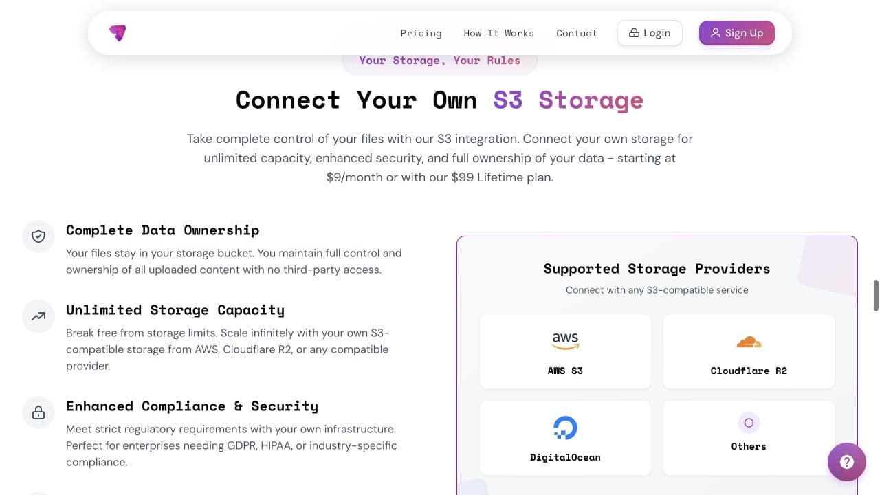 HeftySend public custom storage overview showing supported storage providers