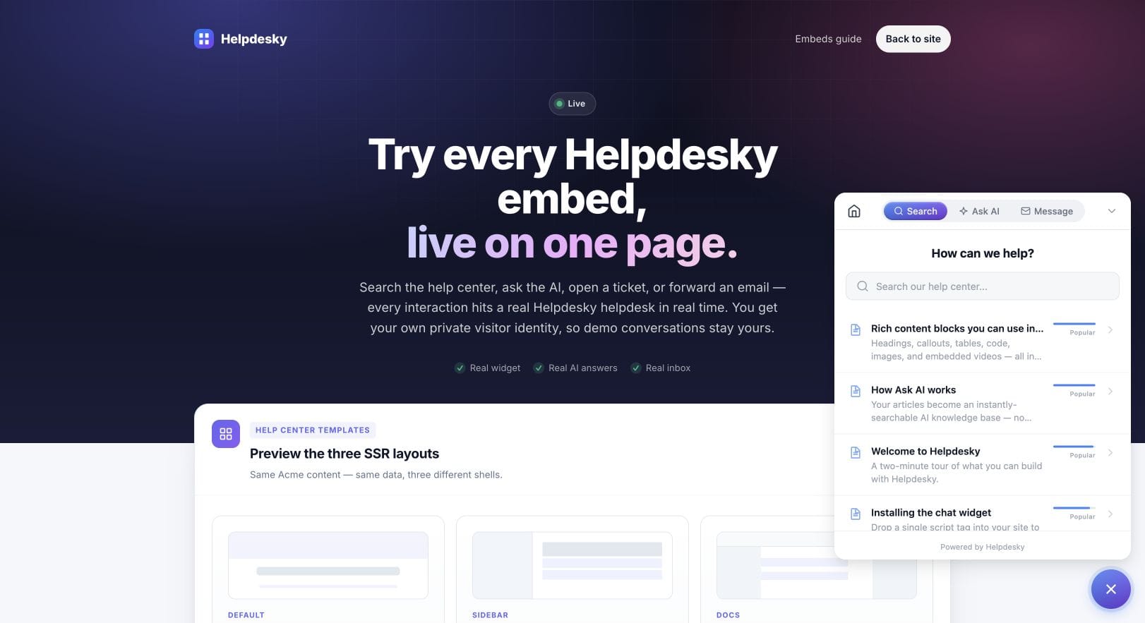 HelpDesky public demo with its live widget open, showing Search, Ask AI and Message tabs
