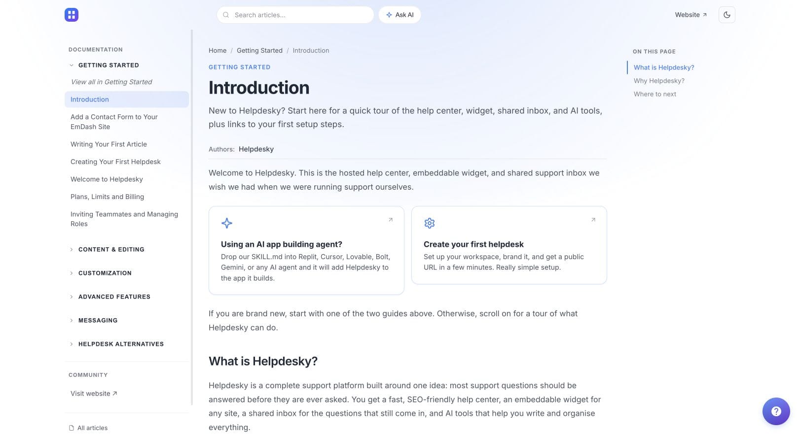HelpDesky public knowledge base showing article navigation, search and an Introduction page