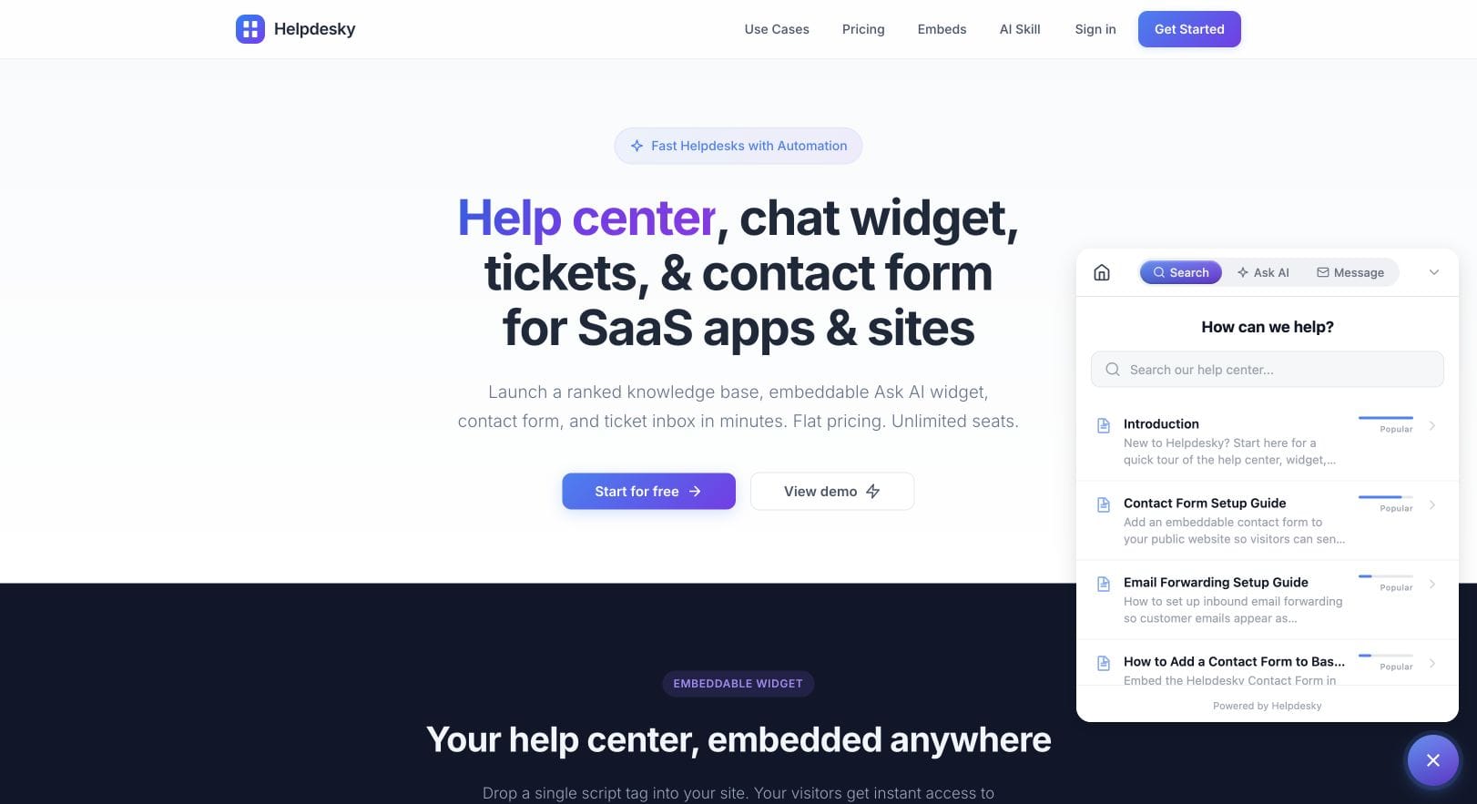 Actual HelpDesky widget open on the website with Search, Ask AI and Message tabs