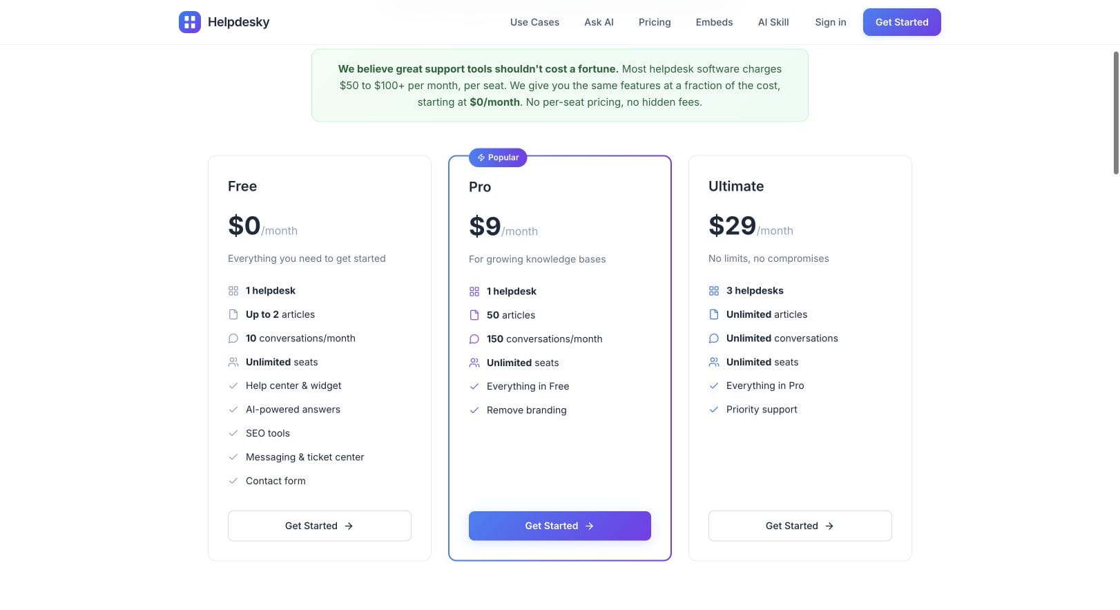 HelpDesky Free, Pro and Ultimate pricing cards with unlimited seats and different article and conversation allowances