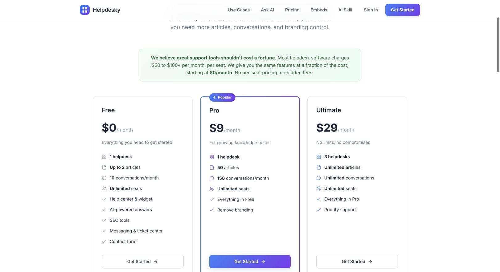 HelpDesky Free, Pro and Ultimate plans showing article and conversation allowances alongside unlimited seats