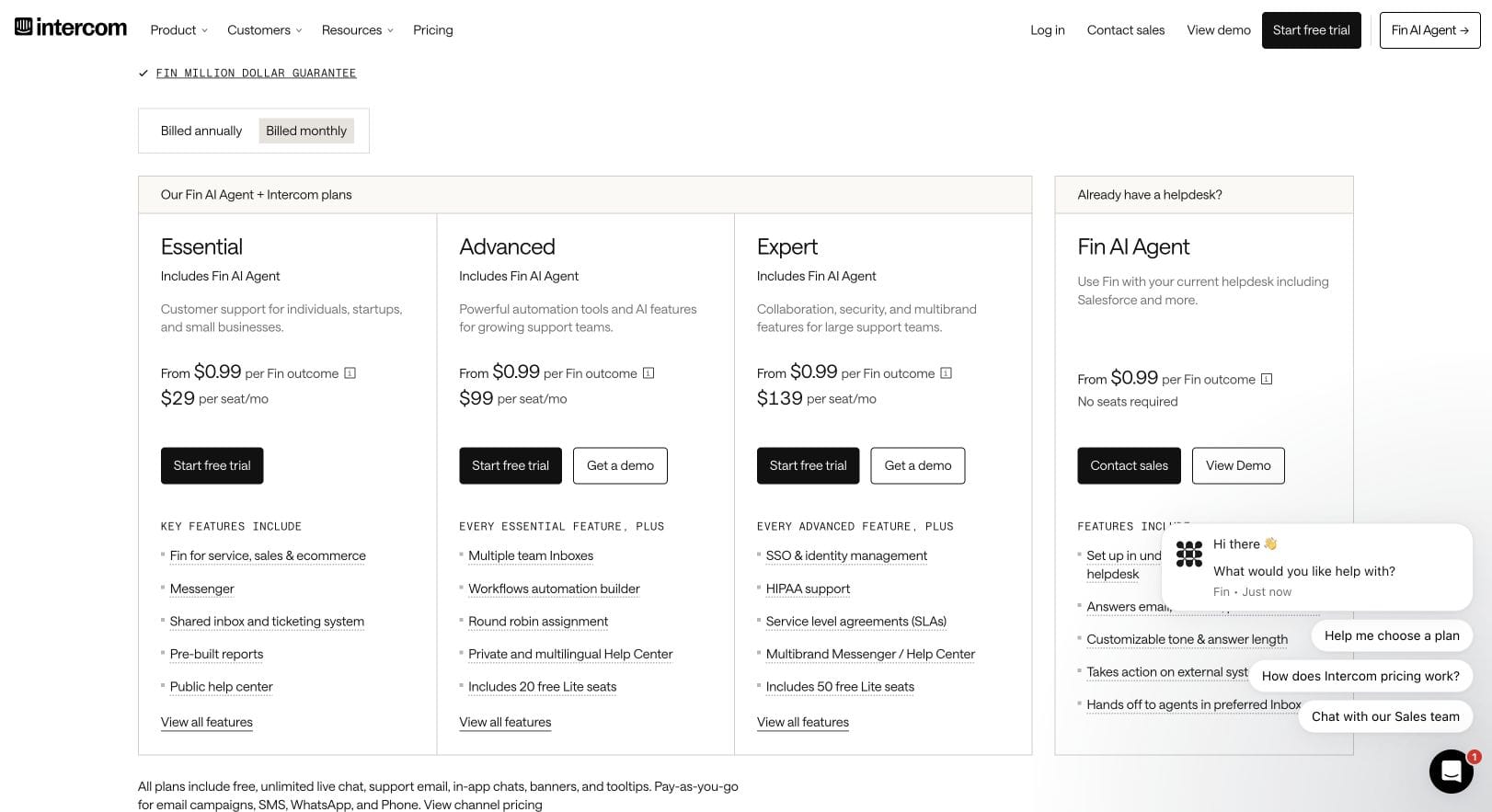 Intercom pricing page with monthly billing selected and Essential at 29 dollars, Advanced at 99 dollars and Expert at 139 dollars per seat