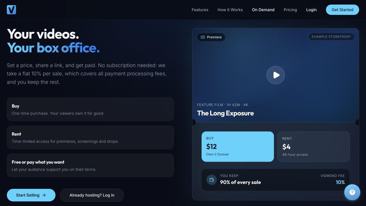 Vidreno On Demand website example showing purchase and rental choices
