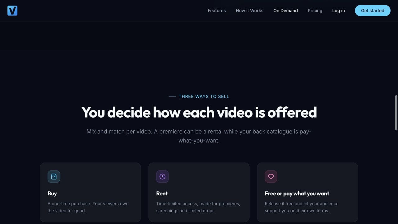 Vidreno's public page showing purchase, rental and free or pay what you want options