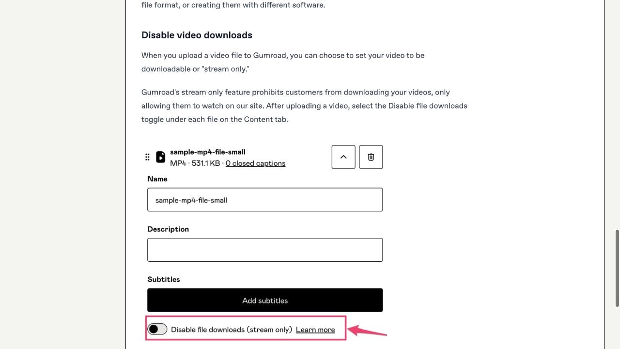 Gumroad help centre example showing the Disable file downloads control for streaming only video
