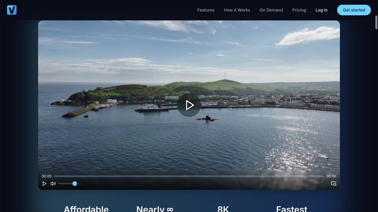 Vidreno homepage video player with a coastal scene and visible playback controls