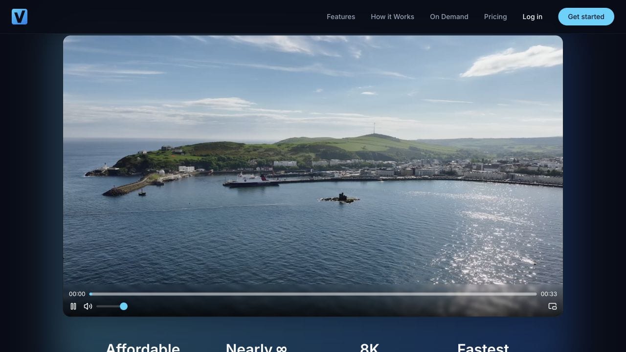 The real Vidreno homepage video player showing a coastal town and playback controls