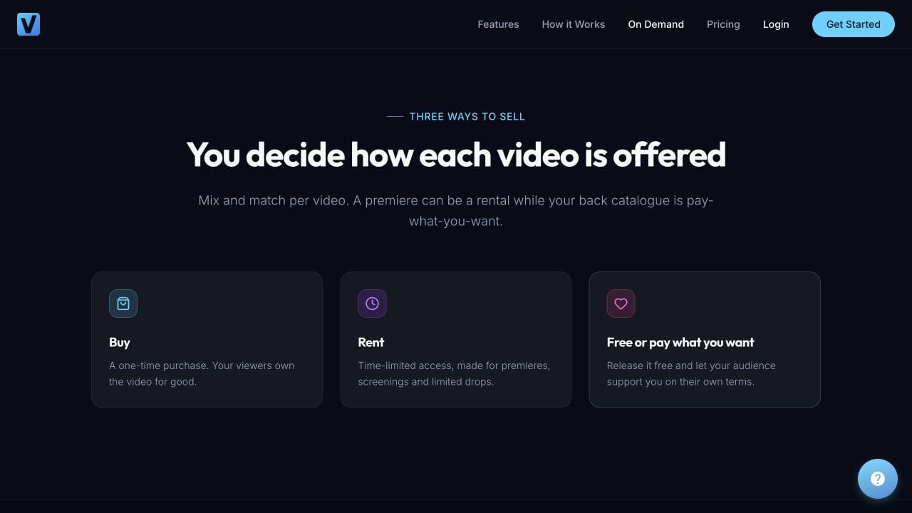 Vidreno website showing its Buy, Rent and Free or pay what you want options