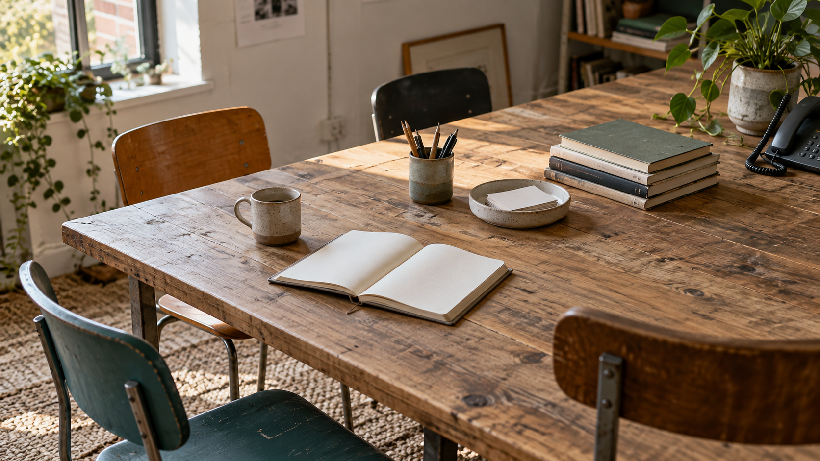 A shared studio table with four chairs, reference books, a blank notebook and a desk telephone