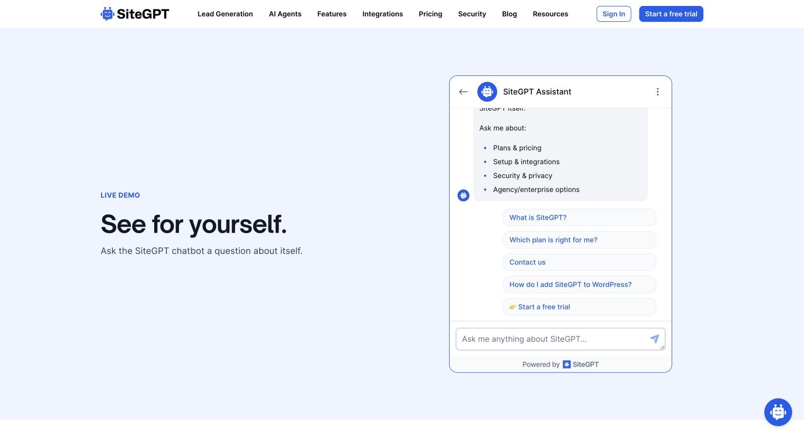 SiteGPT public demo showing its assistant, suggested questions and message input