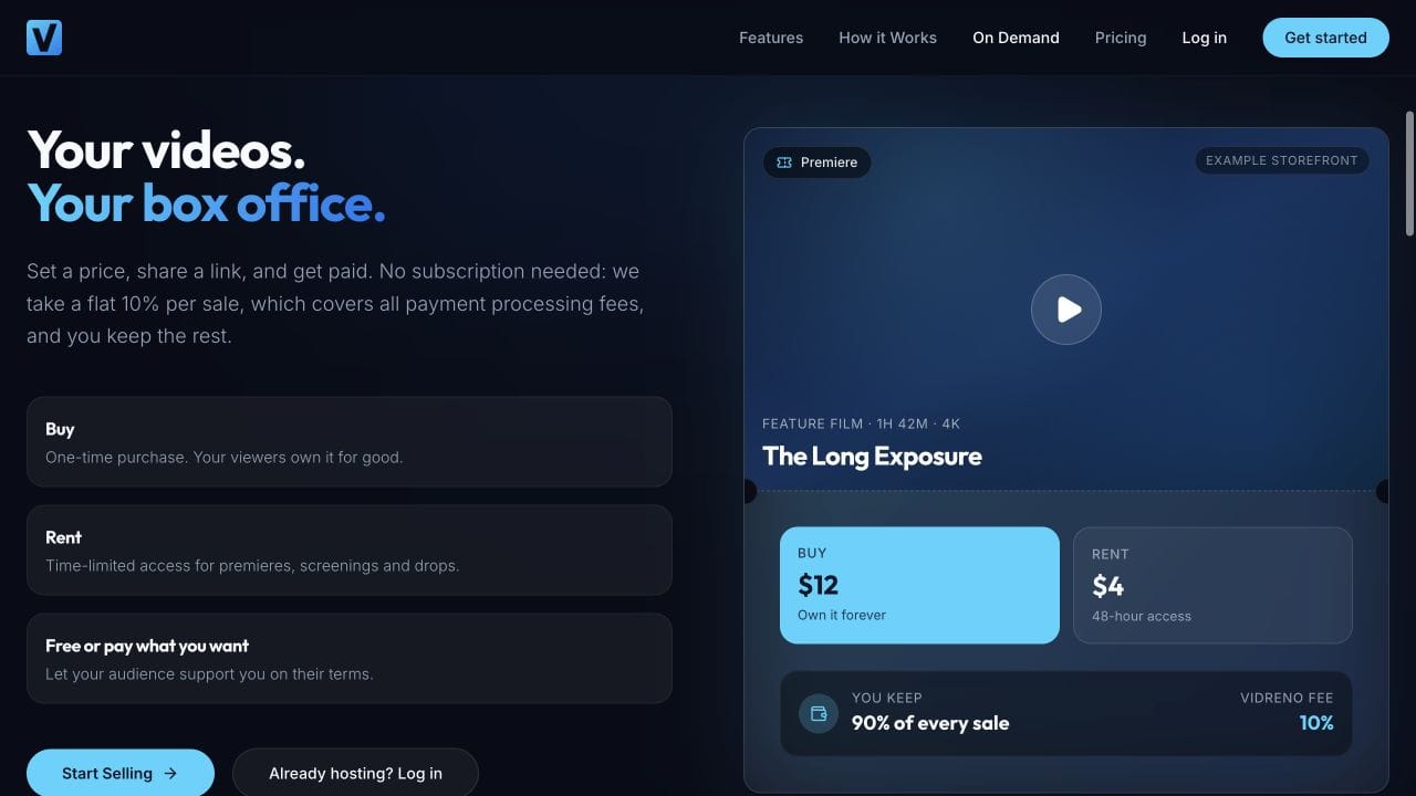 Vidreno's example film storefront displaying separate purchase and rental offers
