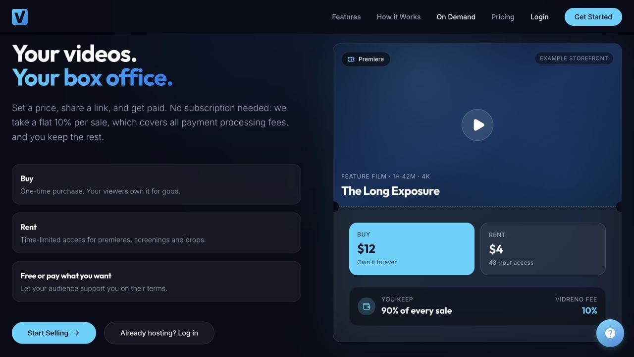 Vidreno's public example film storefront with separate buy and rent prices