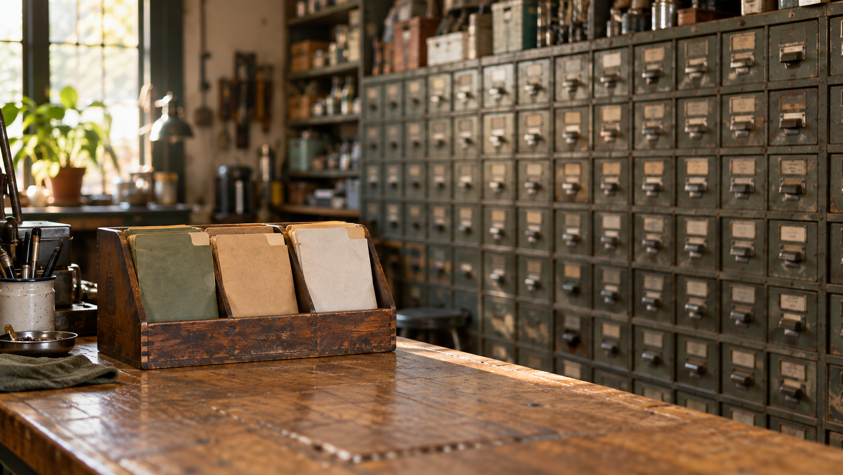 Three job folders in a wooden rack beside a large wall of workshop drawers