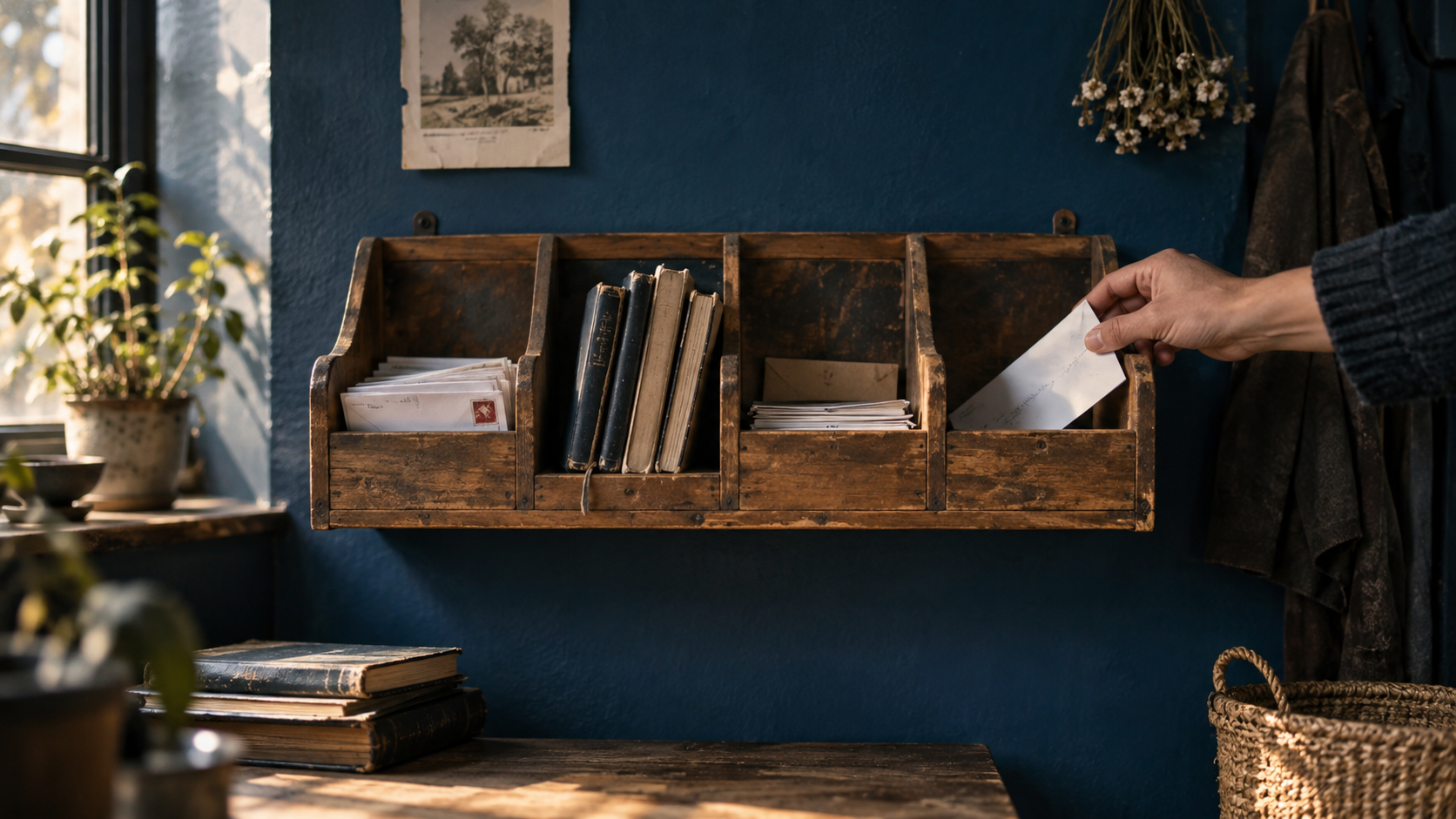 Conceptual editorial image of letters and reference notebooks organised in a wooden sorting rack