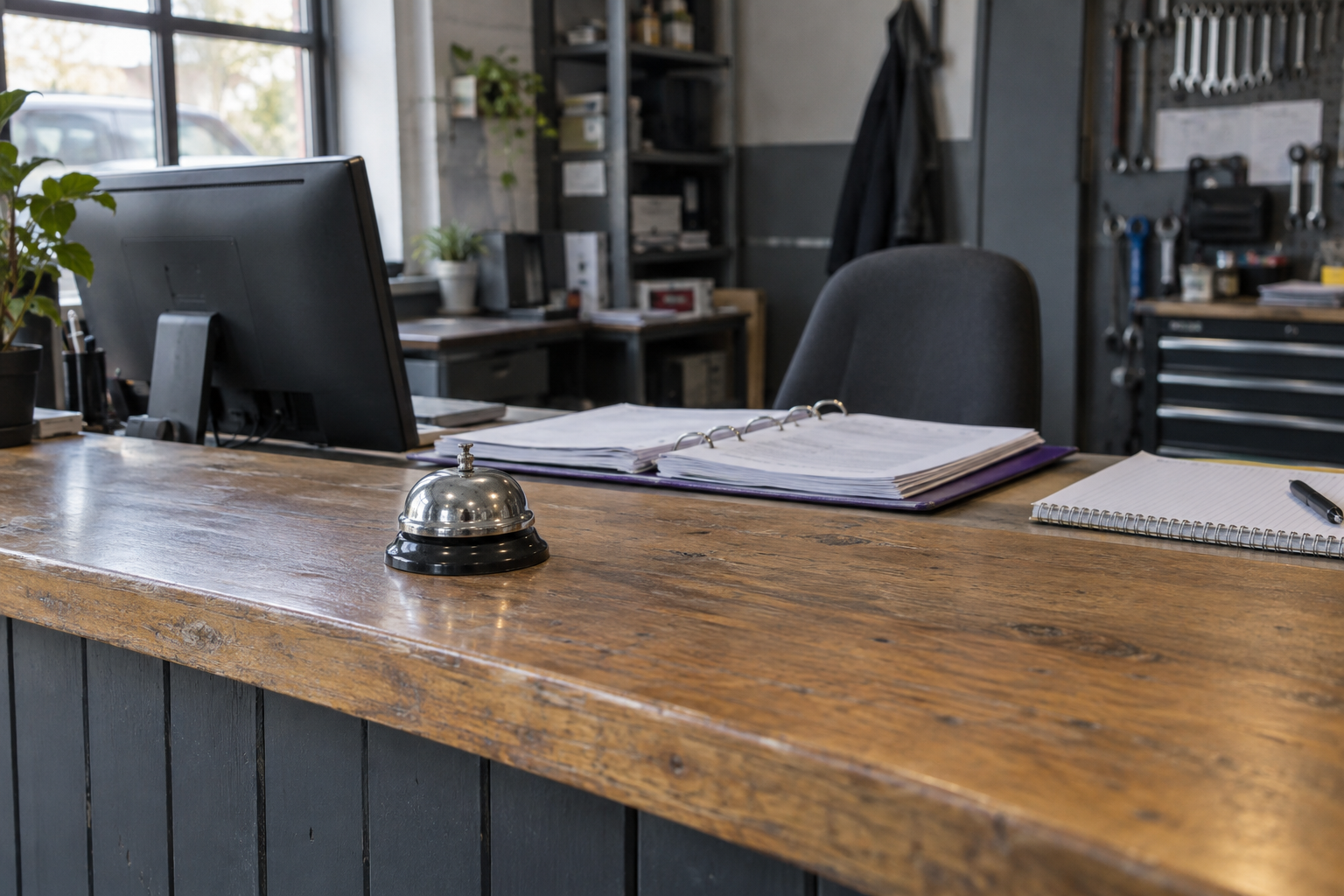 A service bell on a workshop counter with a reference binder and staff workstation behind it