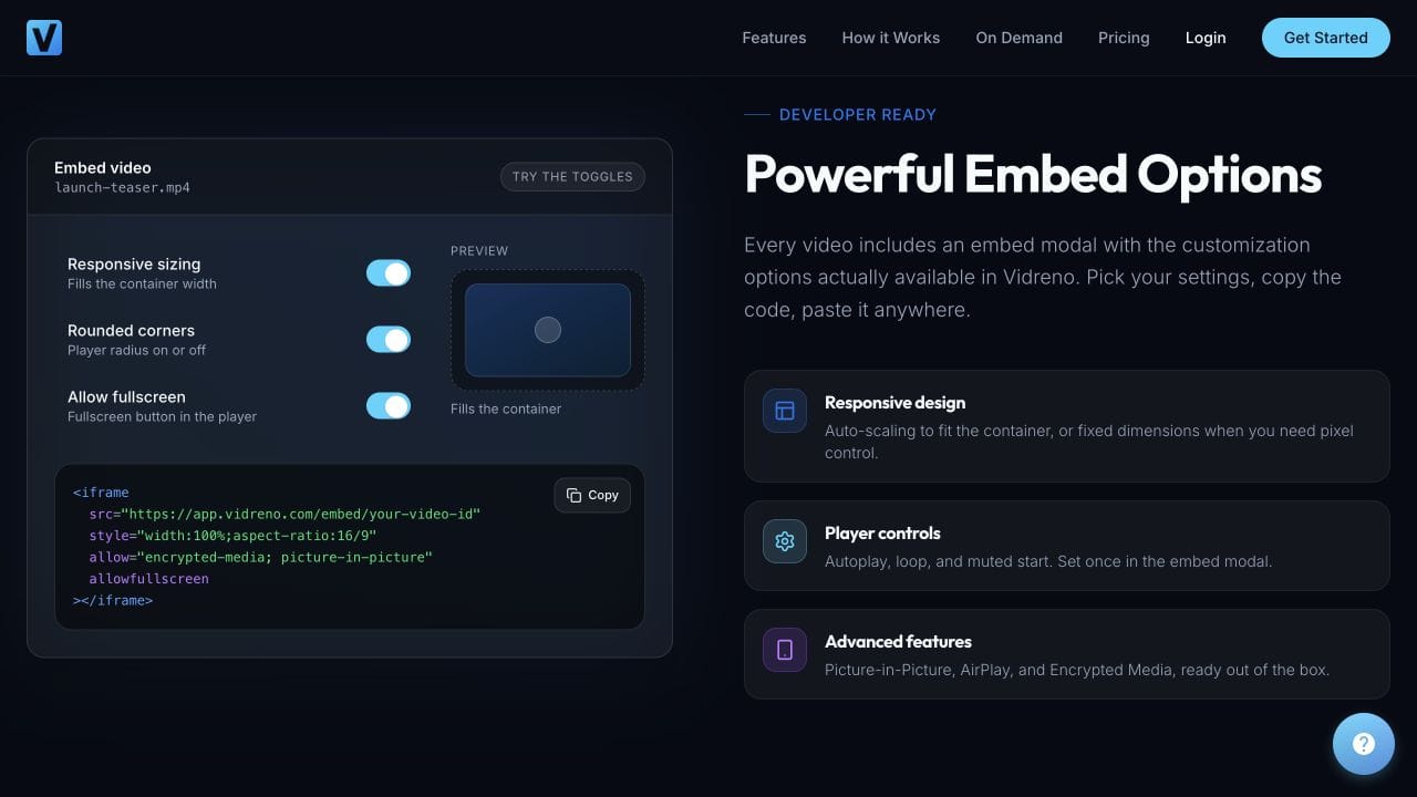 Vidreno website embed demonstration with responsive sizing, rounded corners and fullscreen controls