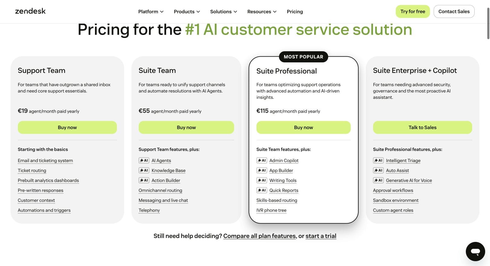 Zendesk pricing cards showing Support Team, Suite Team, Suite Professional and Suite Enterprise plus Copilot, in the browser's euro display