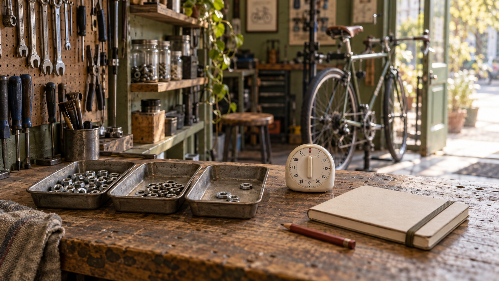 Three metal parts trays, an analogue timer and a notebook on a bicycle workshop bench
