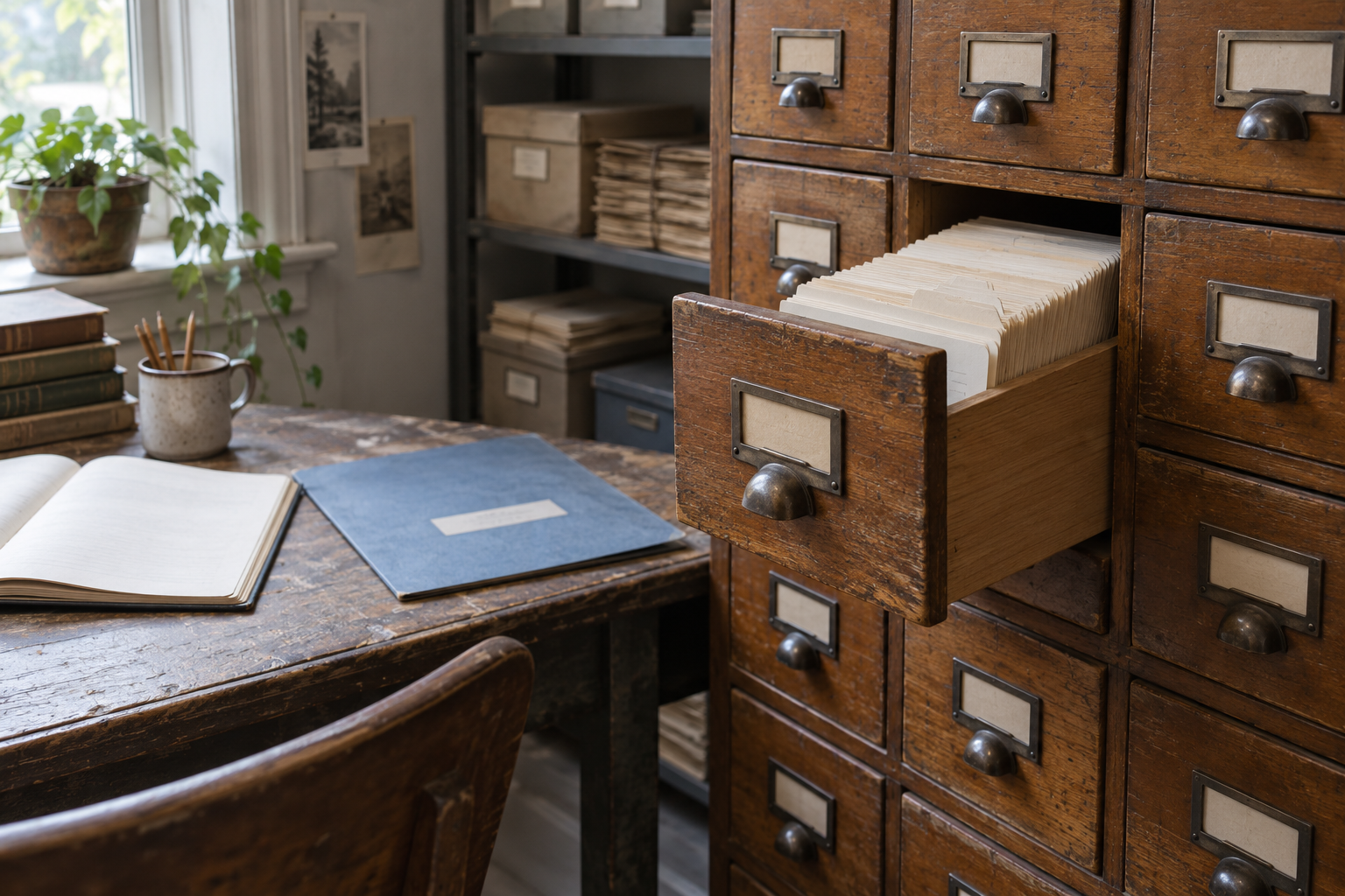 An open wooden card catalogue drawer beside a blue folder and notebook