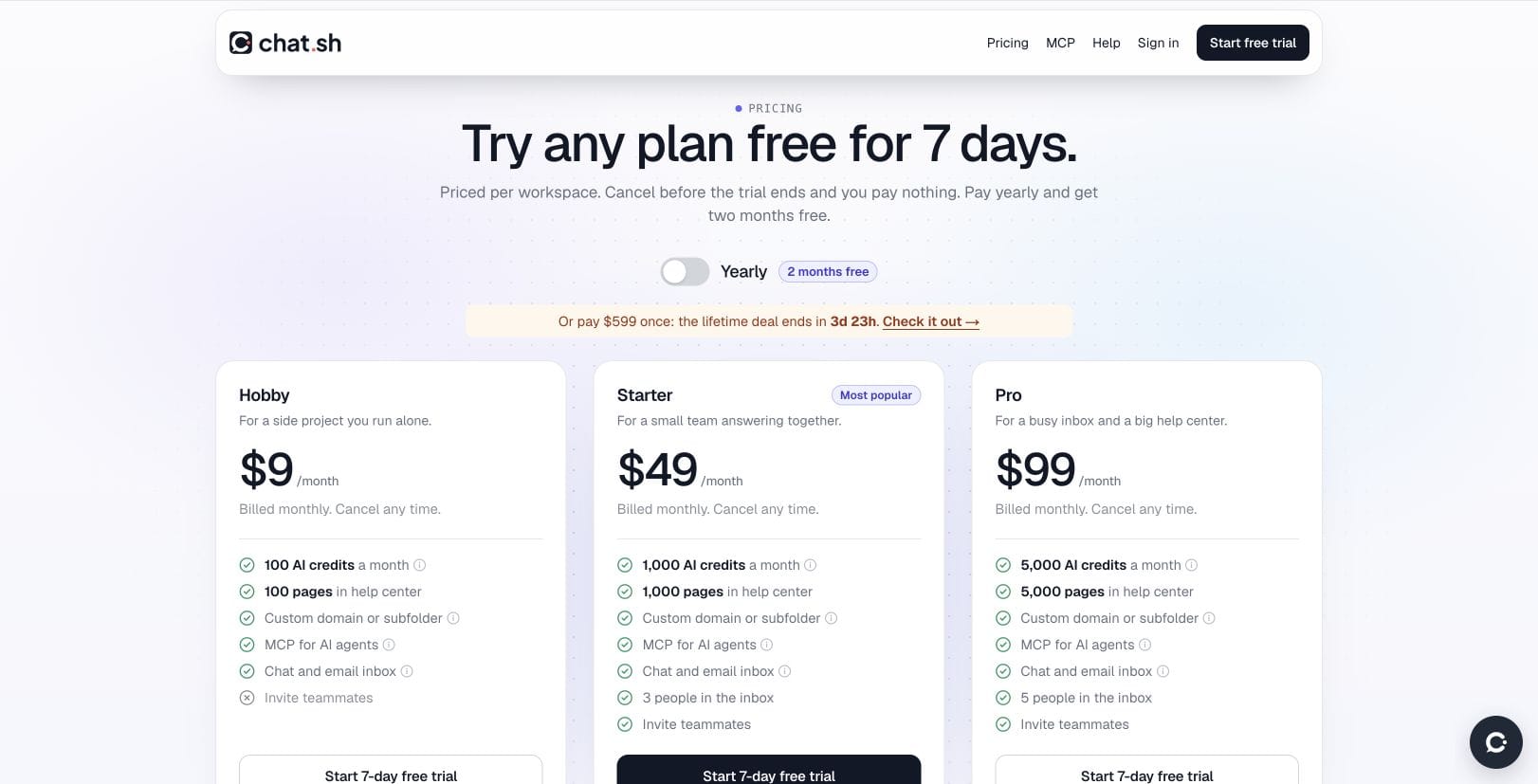 chat.sh monthly pricing with Yearly switched off: Hobby $9, Starter $49 for three inbox users and Pro $99 for five users