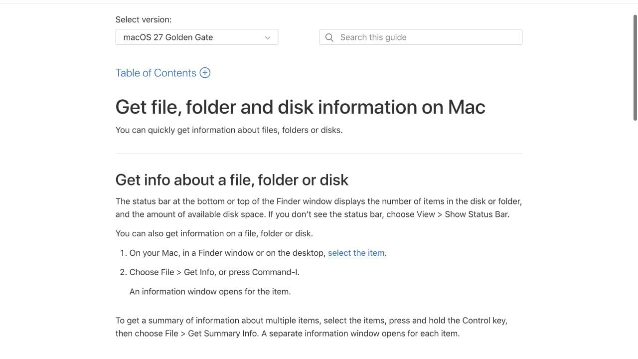 Apple guide showing how to view a file's information on a Mac
