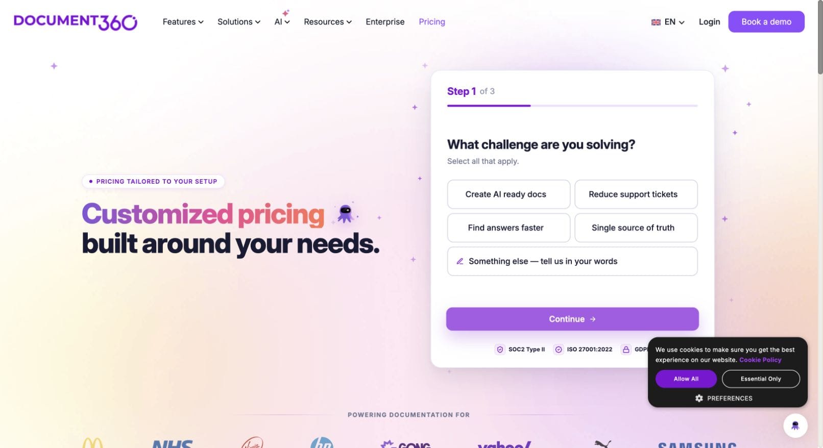 Document360 pricing page asking visitors for their requirements to prepare customised pricing