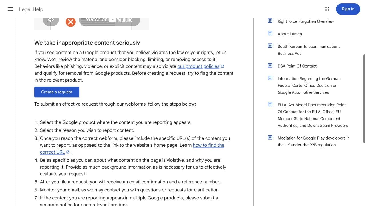 Google Legal Help guidance asks for specific URLs and explains removal request tracking