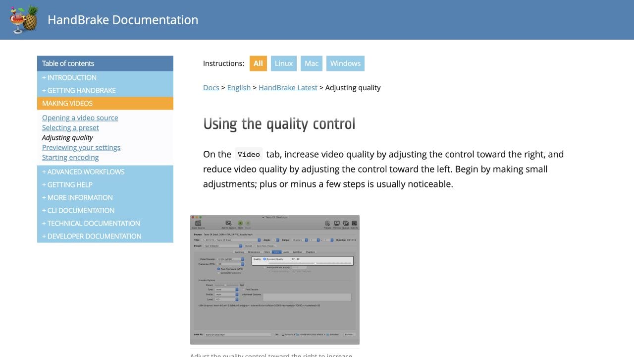 HandBrake documentation showing its quality control and advice to make small adjustments