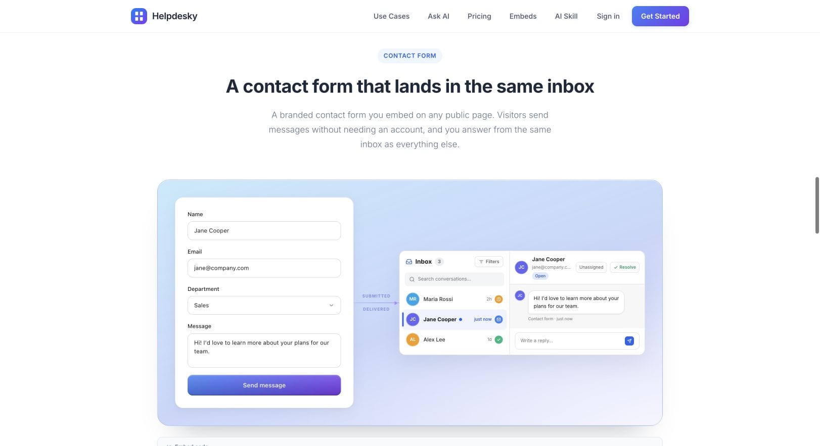 HelpDesky public product page illustrating a contact form feeding a shared inbox