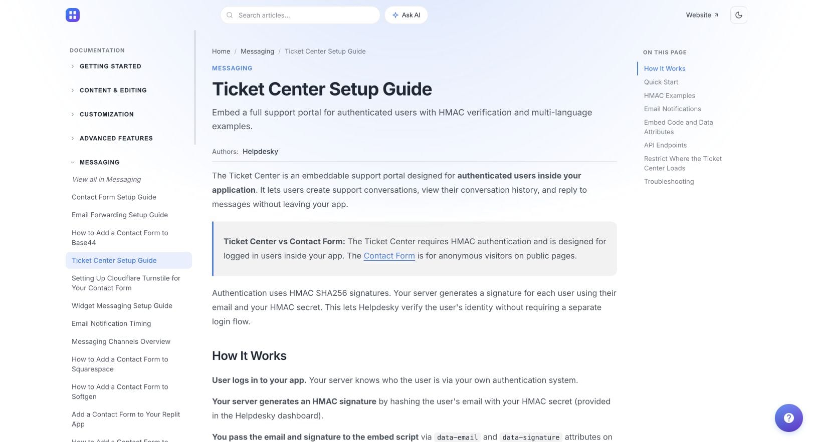 HelpDesky ticket centre documentation explaining authenticated customer access and its distinction from a public contact form