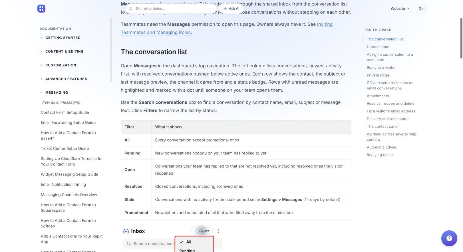 HelpDesky documentation showing shared inbox conversation filters and their meanings