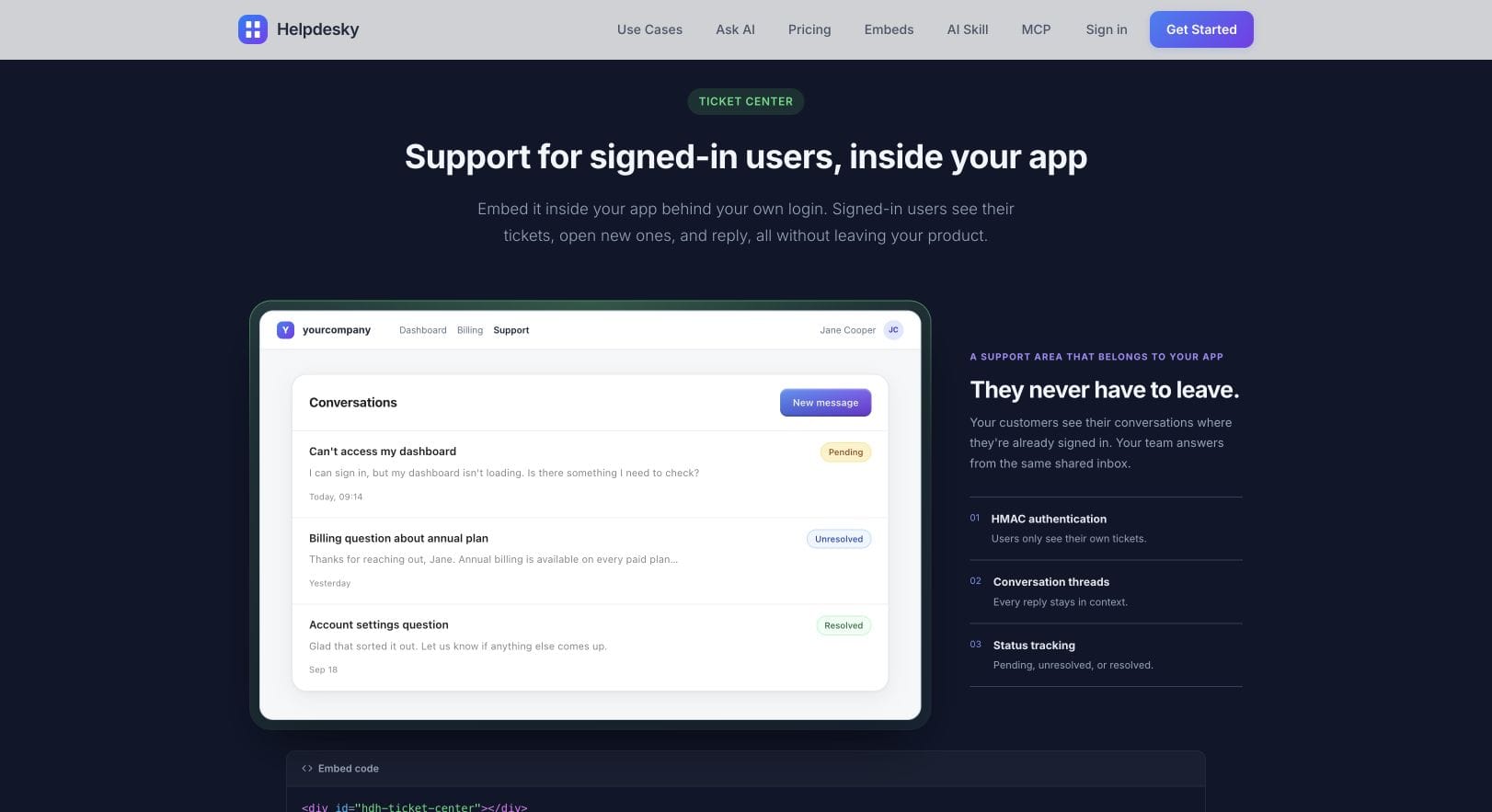 HelpDesky product page illustrating an embedded ticket centre with ongoing support conversations