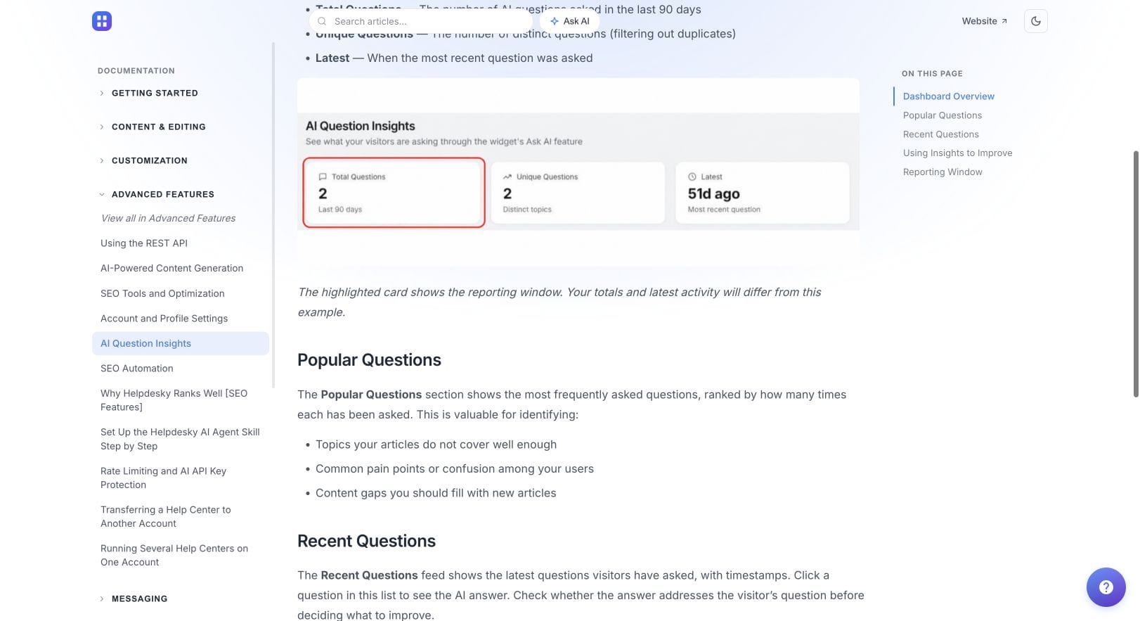 HelpDesky documentation showing an example AI Question Insights panel and popular question guidance