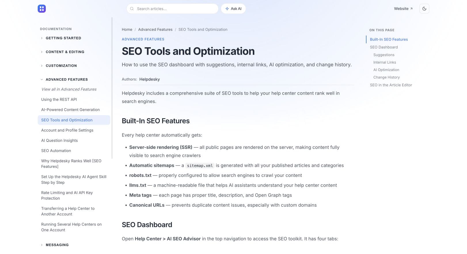 HelpDesky public documentation listing its publishing and SEO features