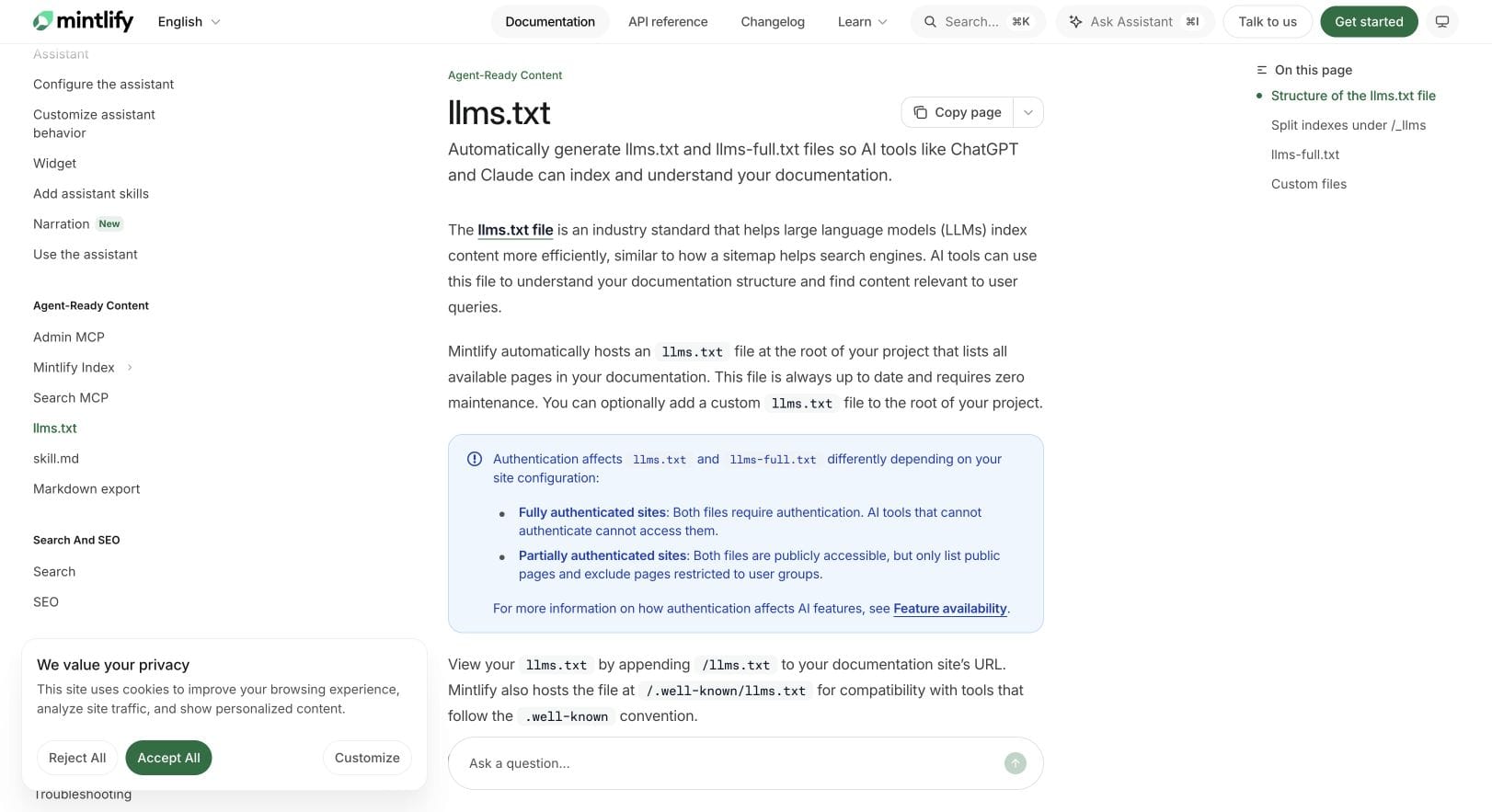Mintlify documentation explaining llms.txt generation and authentication behaviour