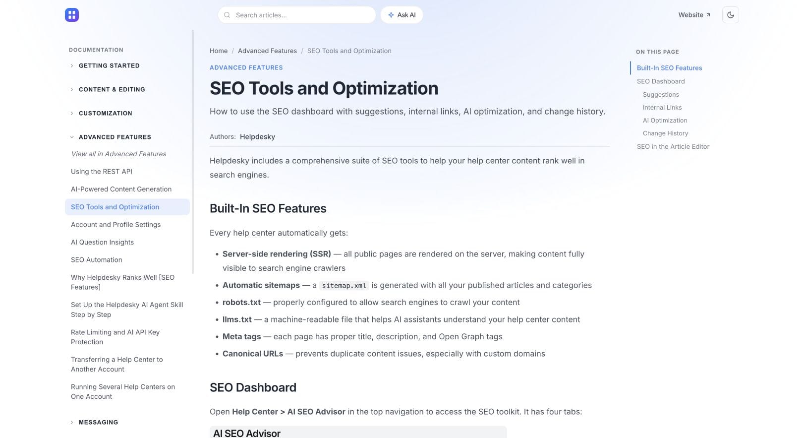 HelpDesky SEO documentation listing llms.txt alongside other publishing features