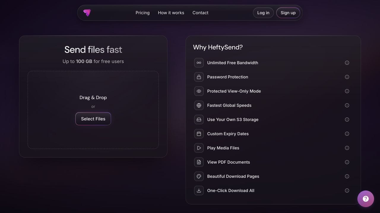 HeftySend upload page showing Select Files and the 100 GB free allowance