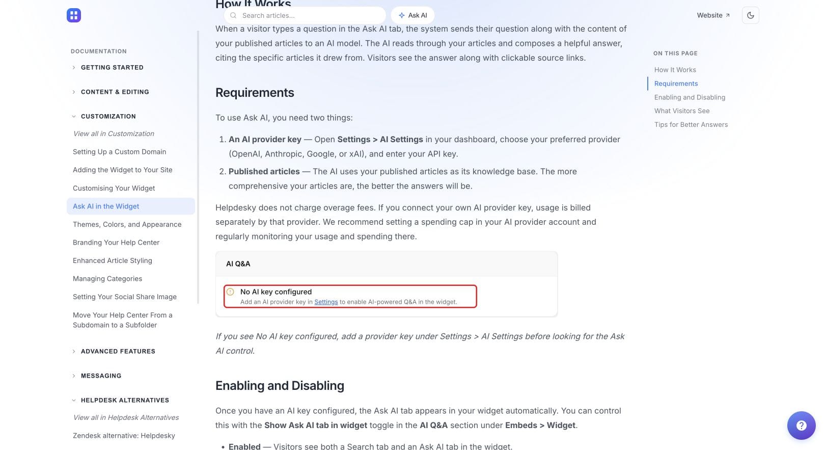 HelpDesky documentation explaining separate AI provider billing and the recommendation to monitor spending