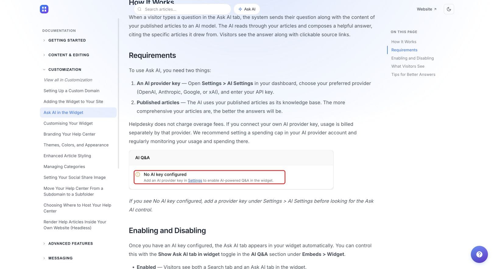 Ask AI documentation explaining the provider key requirement and separate usage billing