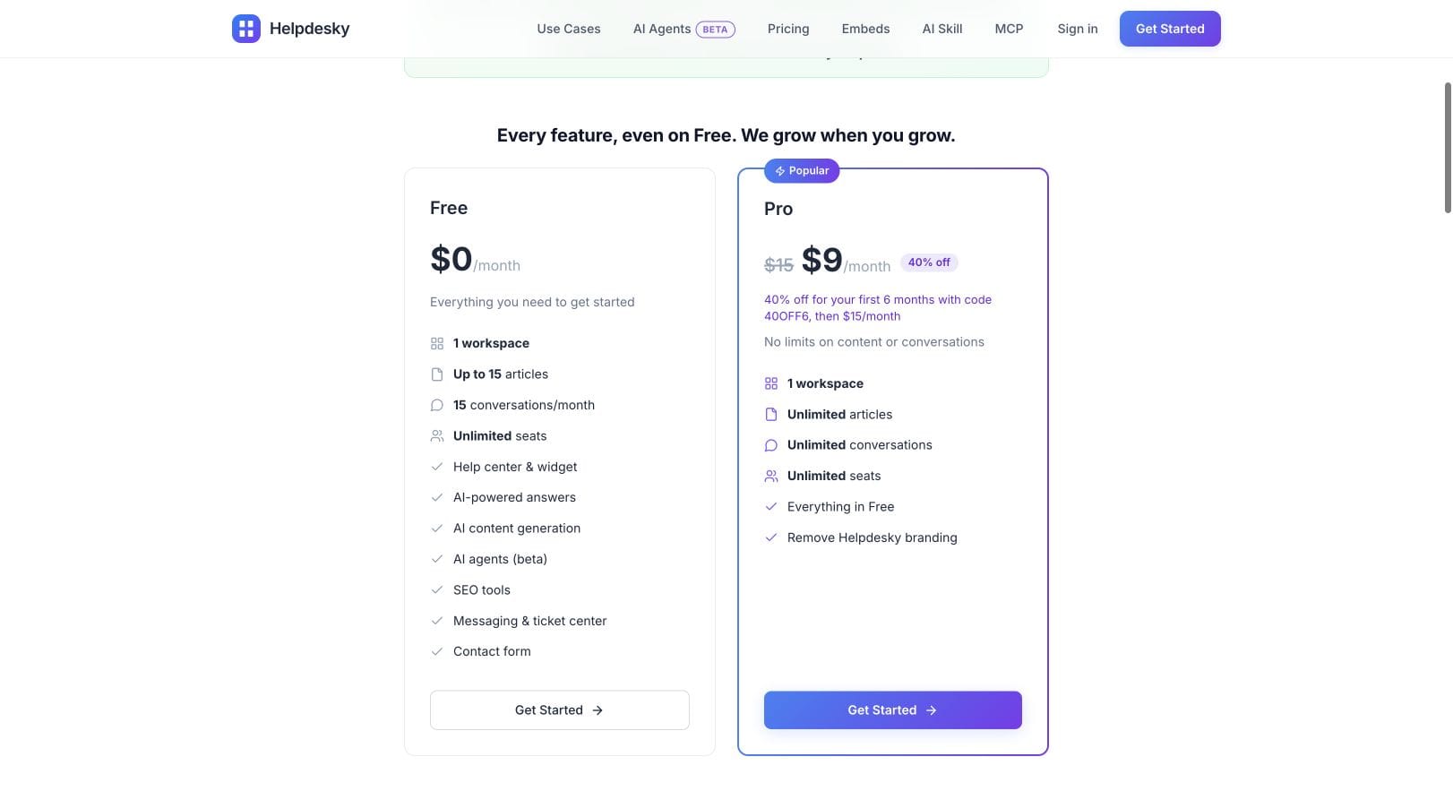 HelpDesky pricing showing Free and Pro with unlimited seats and the six month offer