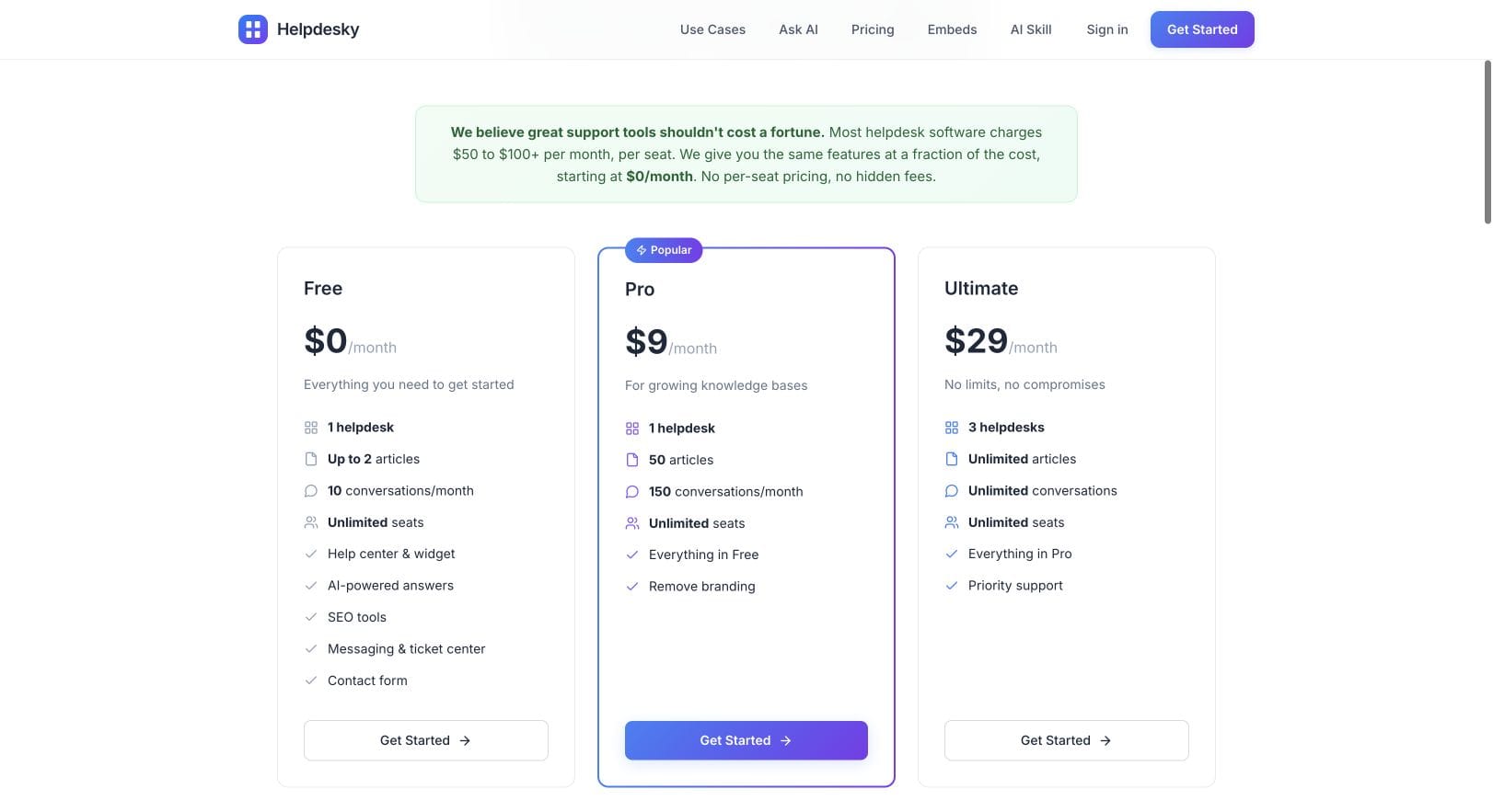HelpDesky pricing cards showing Free, Pro and Ultimate with unlimited seats on every plan