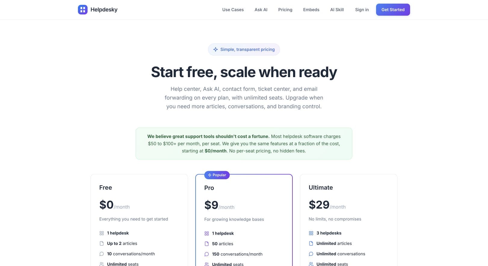 HelpDesky pricing page showing Free, Pro and Ultimate and their article and conversation allowances