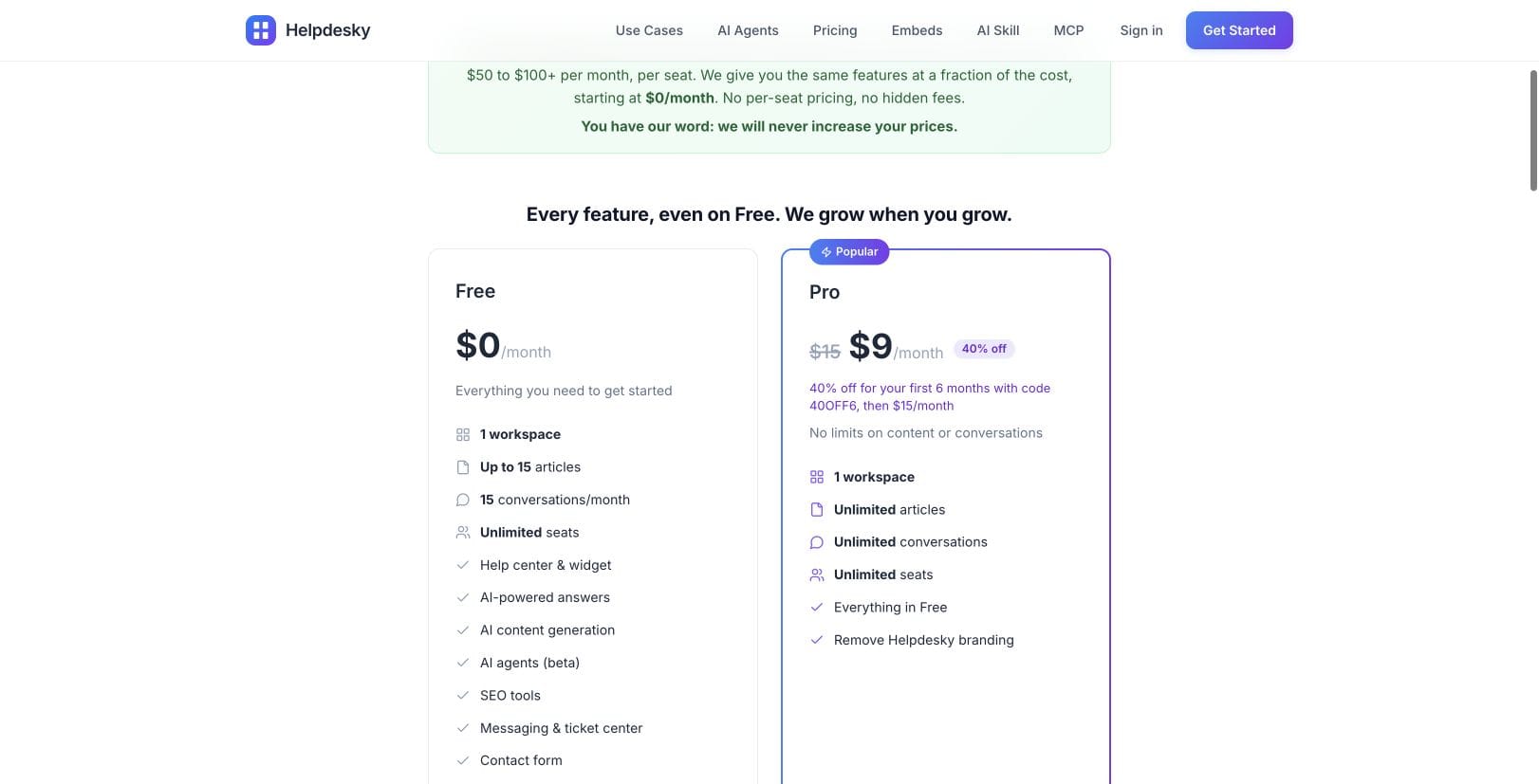 HelpDesky Free and Pro plans showing the regular $15 price and six month $9 monthly offer