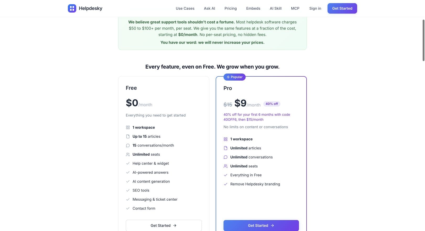 HelpDesky Free and Pro pricing, including the six month Pro offer and regular price
