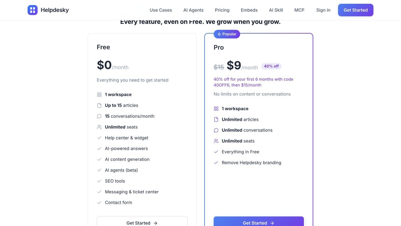 HelpDesky Free and Pro pricing showing the regular 15 dollar Pro fee and 9 dollar introductory offer