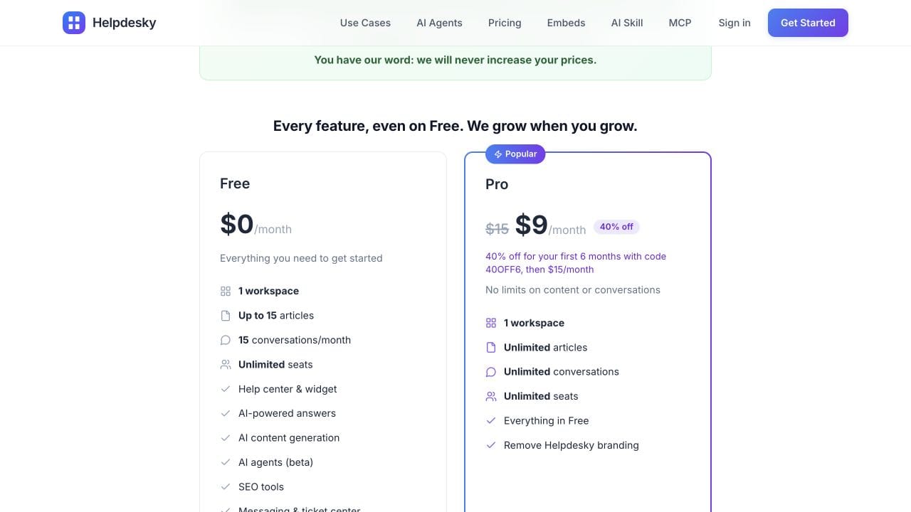 HelpDesky Free and Pro plans showing unlimited seats and the six month Pro promotion