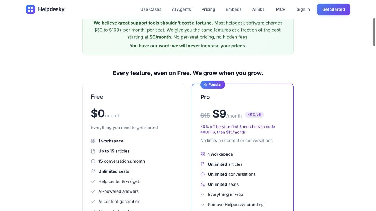 HelpDesky Free and Pro plans with unlimited seats and the six month Pro offer